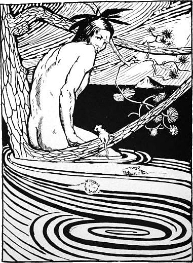 Showing 'Nanabozho in Ojibwe flood story from an illustration by R.C. Armour, in his book North American Indian Fairy Tales, Folklore and Legends (1905)'. Courtesy, Wiki Commons.